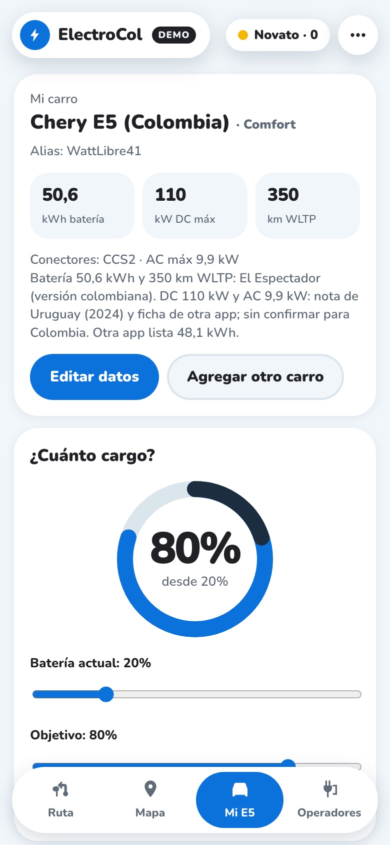 Pantalla Mi carro con un Chery E5: batería de 50,6 kWh, carga DC de 110 kW y el selector de porcentaje de carga